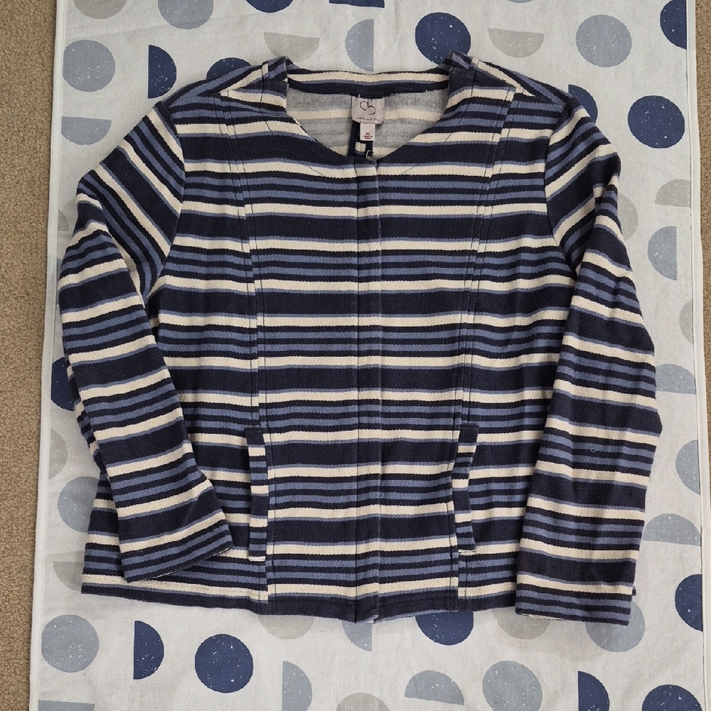 Women's Striped Knit Zip-Front Cardigan in Navy, Light Blue & Cream Size XL